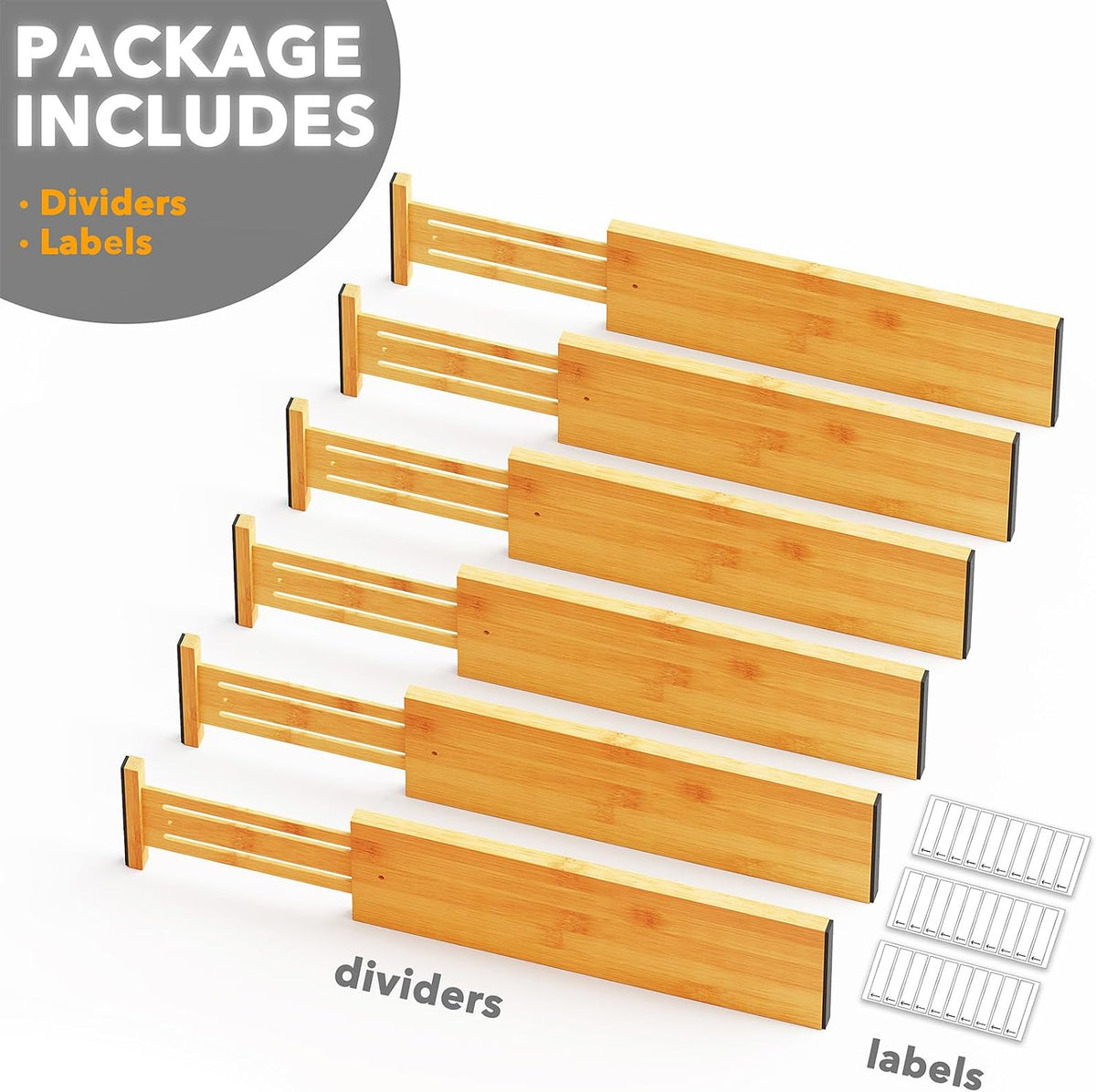Bamboo Dresser Drawer Dividers 6 Pack, 4.65“ High Adjustable 12.5“-17” Drawer Organizers, Expandable Organization for Clothing, Clothes, Dressers, Natural