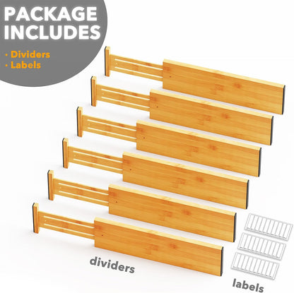 Bamboo Dresser Drawer Dividers 6 Pack, 4.65“ High Adjustable 12.5“-17” Drawer Organizers, Expandable Organization for Clothing, Clothes, Dressers, Natural