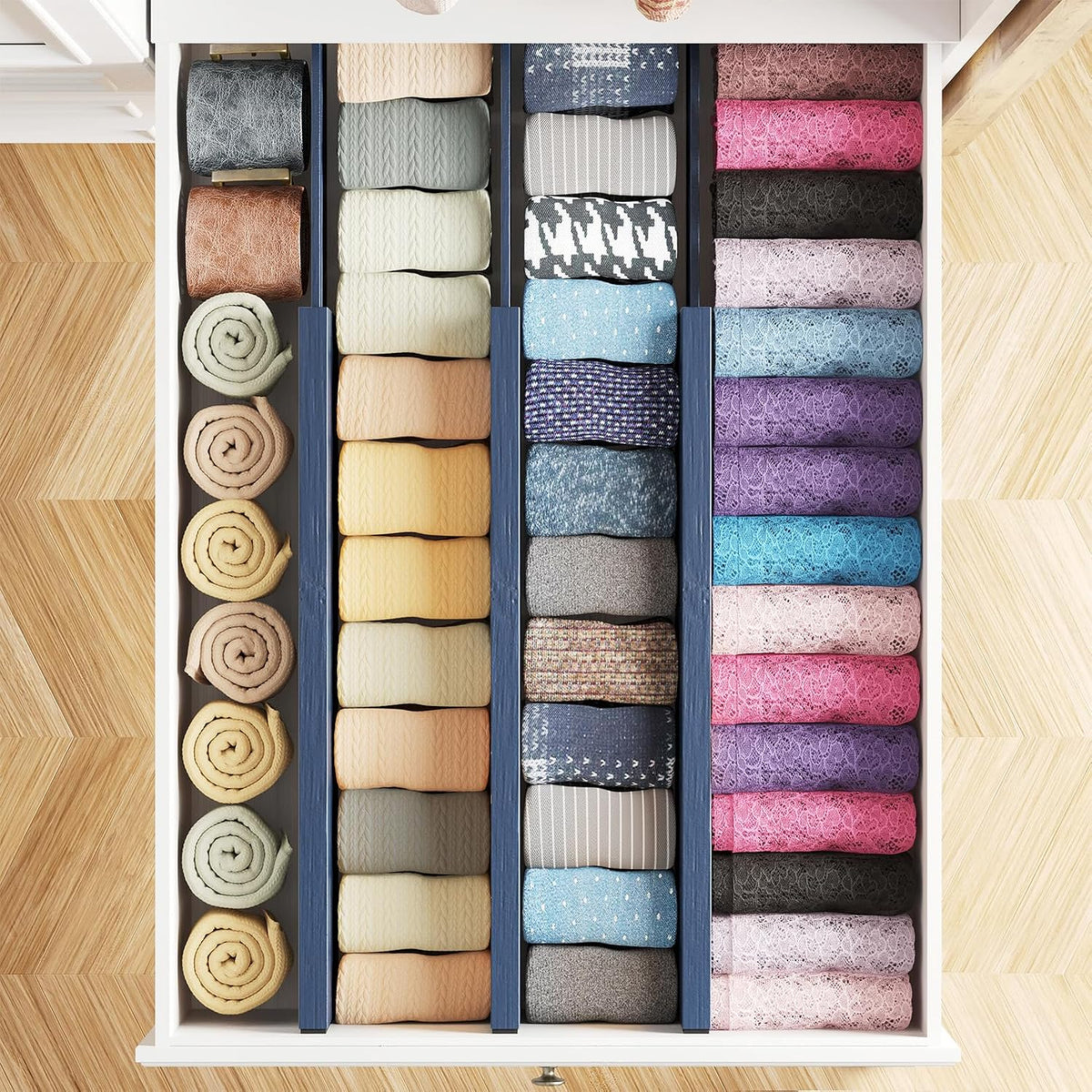 Bamboo Dresser Drawer Dividers 6 Pack, 4.65“ High Adjustable 12.5“-17” Drawer Organizers, Expandable Organization for Clothing, Clothes, Dressers, Natural