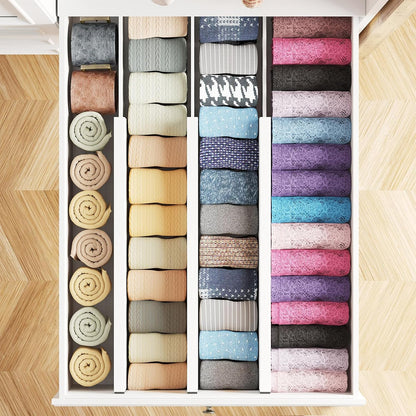 Bamboo Dresser Drawer Dividers 6 Pack, 4.65“ High Adjustable 12.5“-17” Drawer Organizers, Expandable Organization for Clothing, Clothes, Dressers, Natural