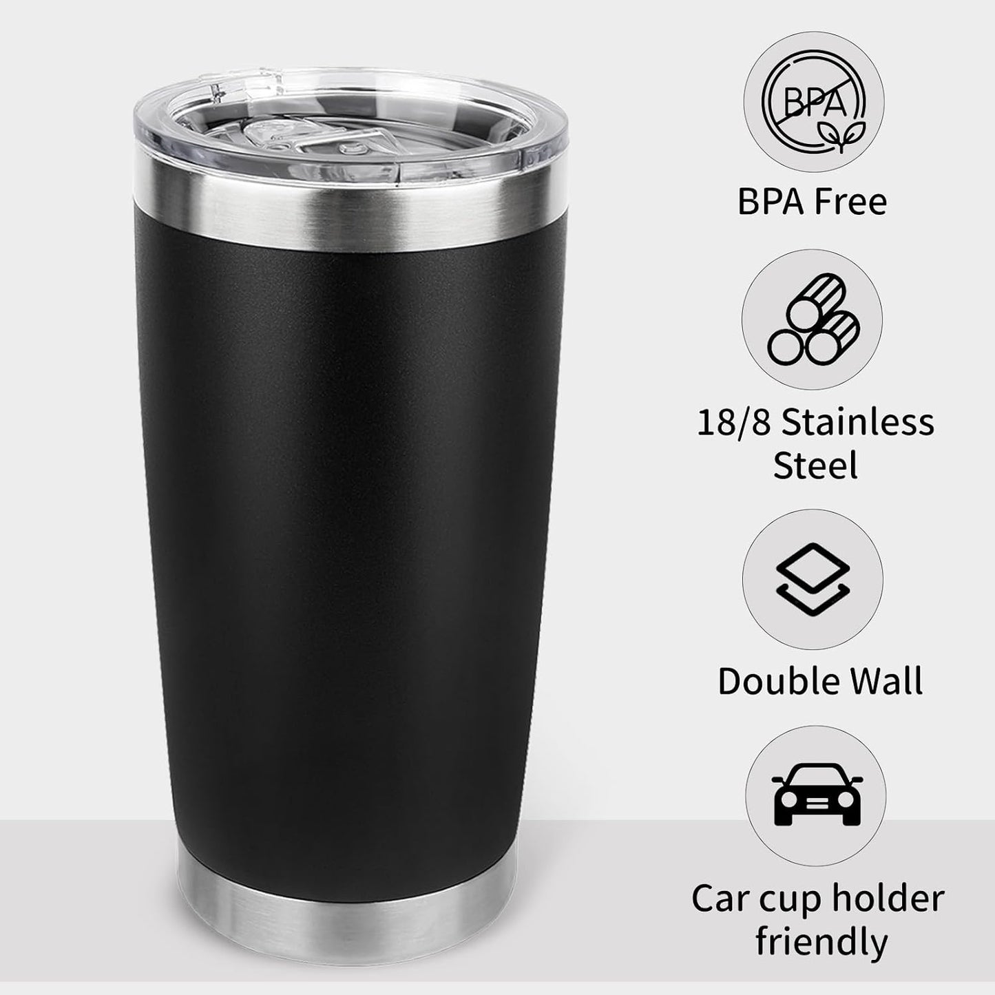 20oz Stainless Steel Tumbler Bulk with Lid, Travel Mug - Double Wall Vacuum Powder Coated Cup - Black, 6 Pack