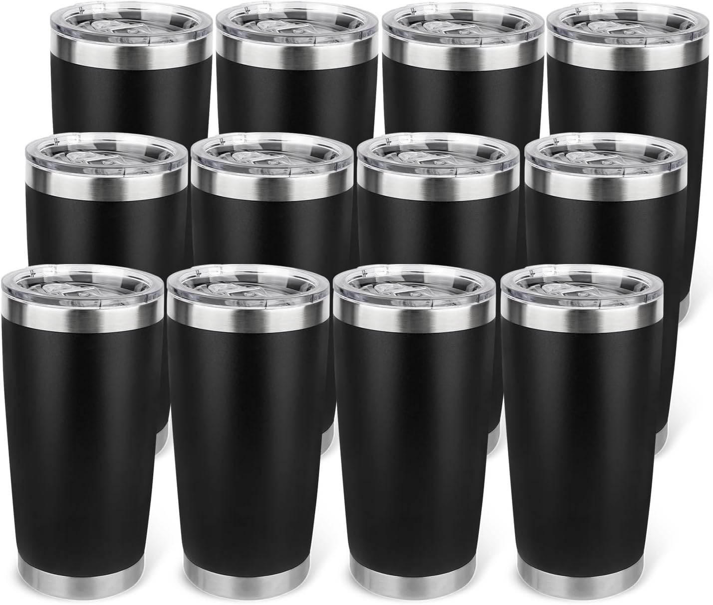 20oz Stainless Steel Tumbler Bulk with Lid, Travel Mug - Double Wall Vacuum Powder Coated Cup - Black, 6 Pack