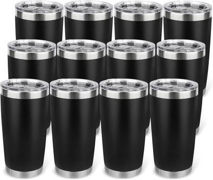20oz Stainless Steel Tumbler Bulk with Lid, Travel Mug - Double Wall Vacuum Powder Coated Cup - Black, 6 Pack