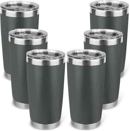 20oz Stainless Steel Tumbler Bulk with Lid, Travel Mug - Double Wall Vacuum Powder Coated Cup - Black, 6 Pack