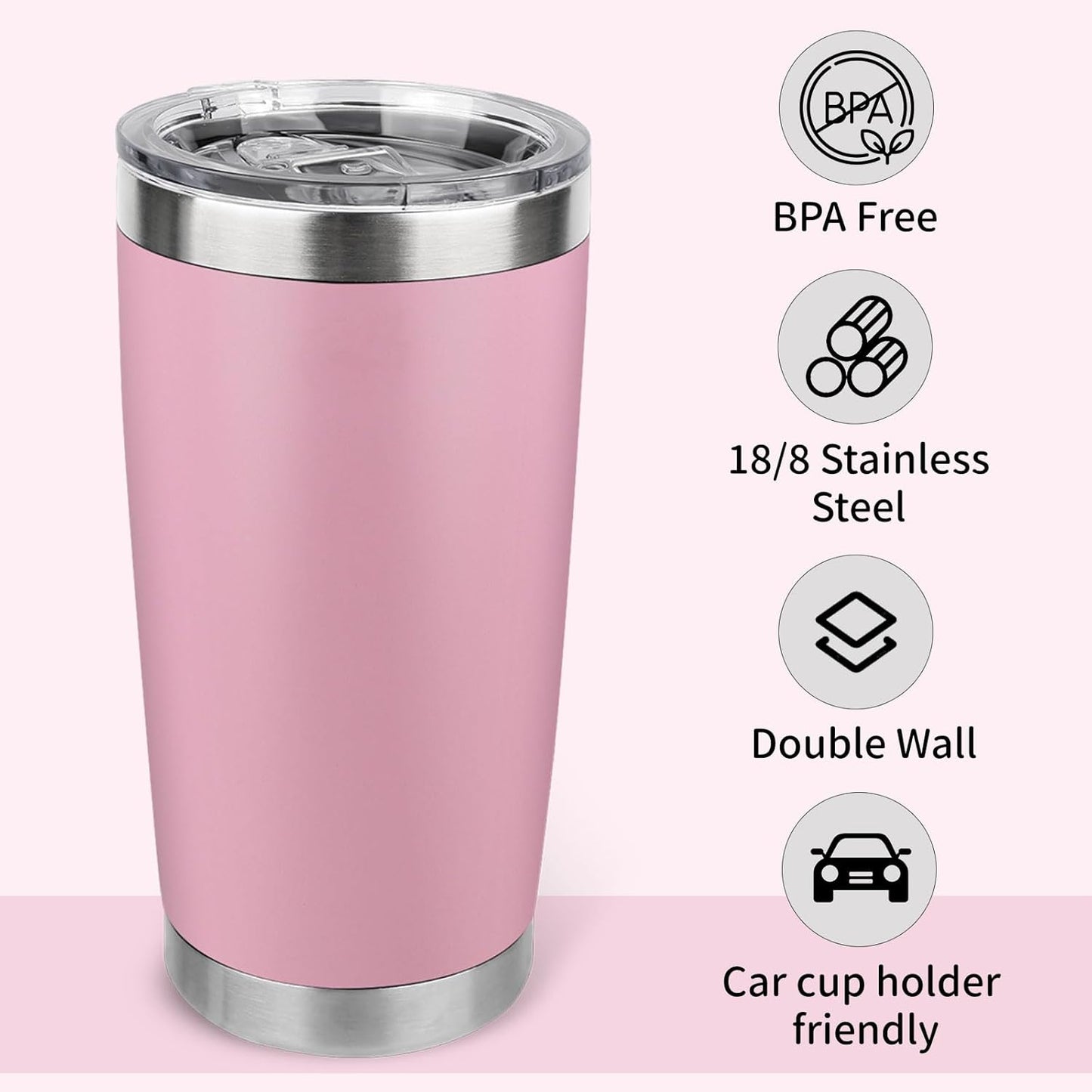 20oz Stainless Steel Tumbler Bulk with Lid, Travel Mug - Double Wall Vacuum Powder Coated Cup - Black, 6 Pack