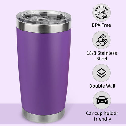 20oz Stainless Steel Tumbler Bulk with Lid, Travel Mug - Double Wall Vacuum Powder Coated Cup - Black, 6 Pack