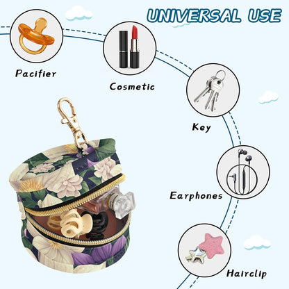 Purple and White Flowers Baby Pacifier Holder Case, Dustproof Portable Storage Box for Diaper Bag Purse, Pacifier Storage Container for Boys & Girls