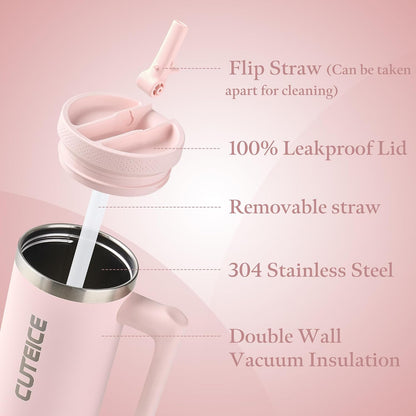 Blue Tumbler with Straw and Handle Coffee Travel Mug with Lid Leakproof Insulated Cup Stainless Steel Mug for Iced Tea, Coffee, Cold Beverages Fits in Car Cup Holder Skyblue Water Bottle for Office