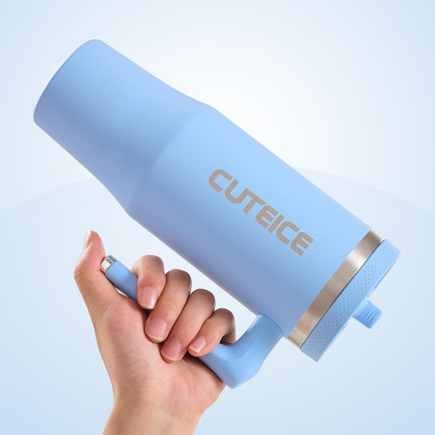 Blue Tumbler with Straw and Handle Coffee Travel Mug with Lid Leakproof Insulated Cup Stainless Steel Mug for Iced Tea, Coffee, Cold Beverages Fits in Car Cup Holder Skyblue Water Bottle for Office
