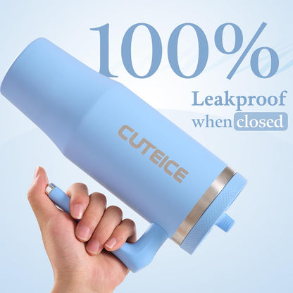 Blue Tumbler with Straw and Handle Coffee Travel Mug with Lid Leakproof Insulated Cup Stainless Steel Mug for Iced Tea, Coffee, Cold Beverages Fits in Car Cup Holder Skyblue Water Bottle for Office