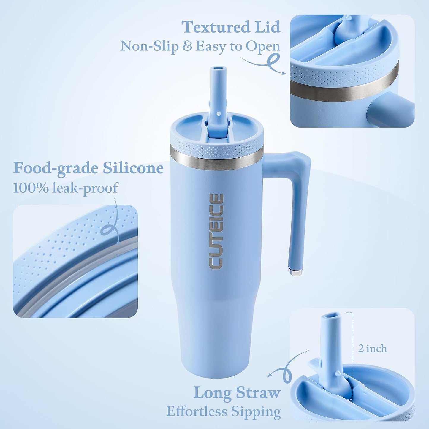 Blue Tumbler with Straw and Handle Coffee Travel Mug with Lid Leakproof Insulated Cup Stainless Steel Mug for Iced Tea, Coffee, Cold Beverages Fits in Car Cup Holder Skyblue Water Bottle for Office