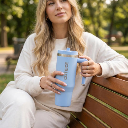 Blue Tumbler with Straw and Handle Coffee Travel Mug with Lid Leakproof Insulated Cup Stainless Steel Mug for Iced Tea, Coffee, Cold Beverages Fits in Car Cup Holder Skyblue Water Bottle for Office