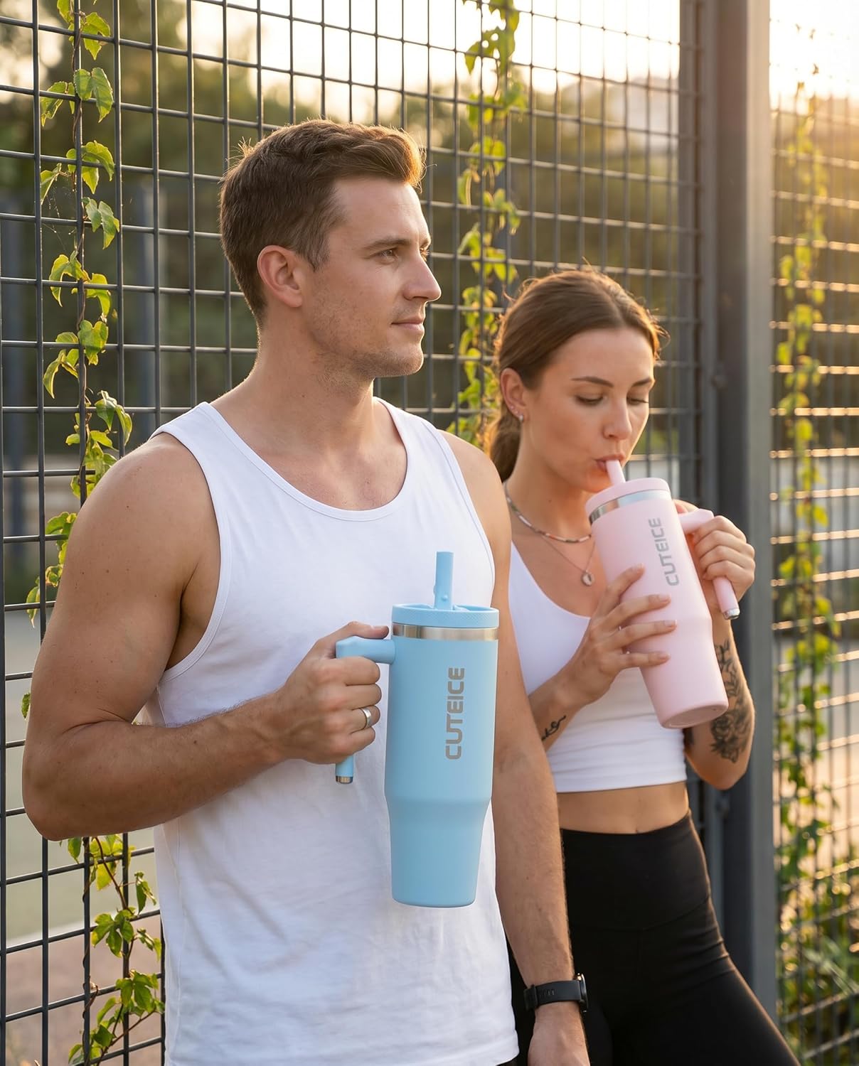 Blue Tumbler with Straw and Handle Coffee Travel Mug with Lid Leakproof Insulated Cup Stainless Steel Mug for Iced Tea, Coffee, Cold Beverages Fits in Car Cup Holder Skyblue Water Bottle for Office