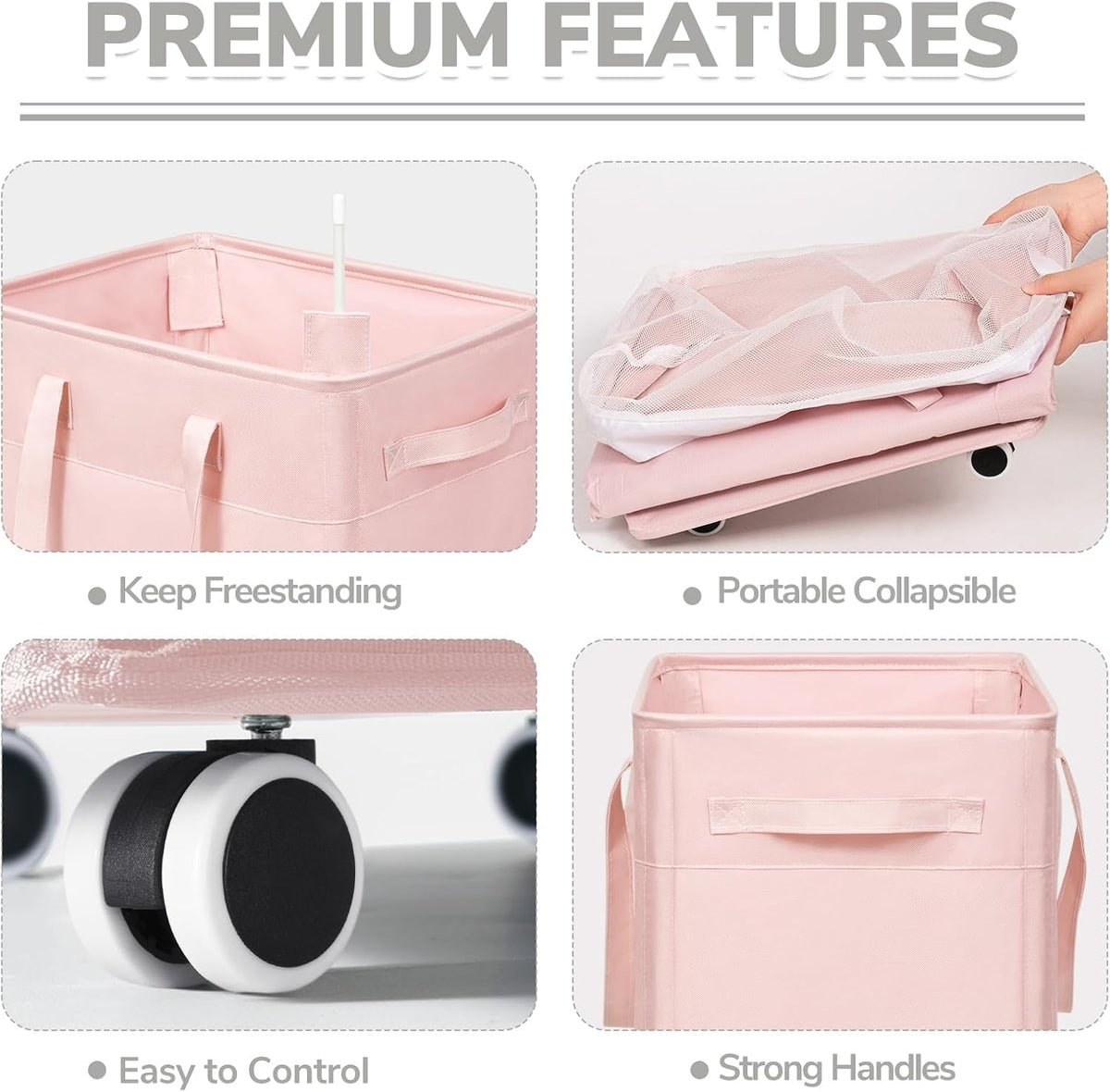 75L Laundry Hamper with Wheels 2-Pack, Wash Bags, Pink