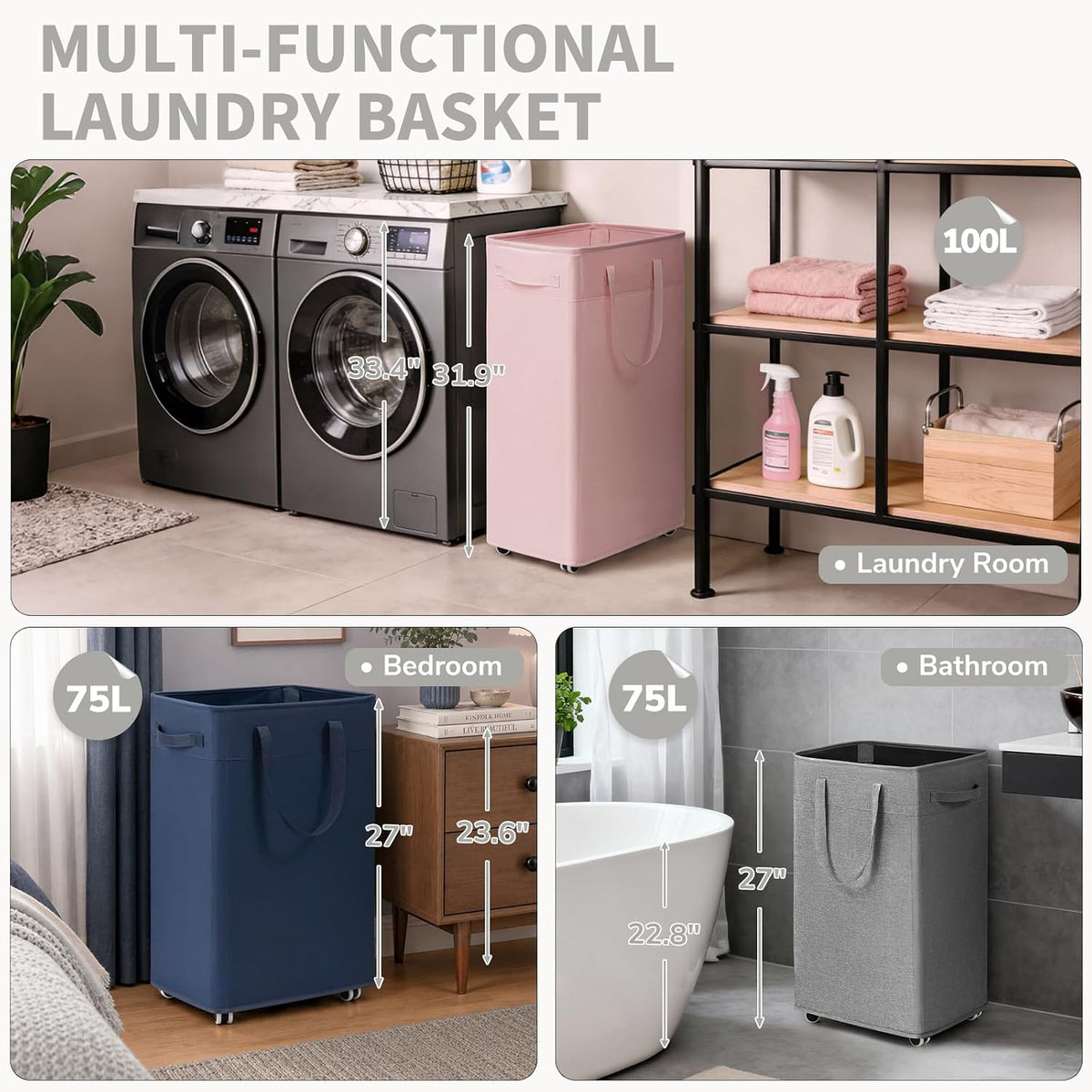 75L Laundry Hamper with Wheels 2-Pack, Wash Bags, Pink
