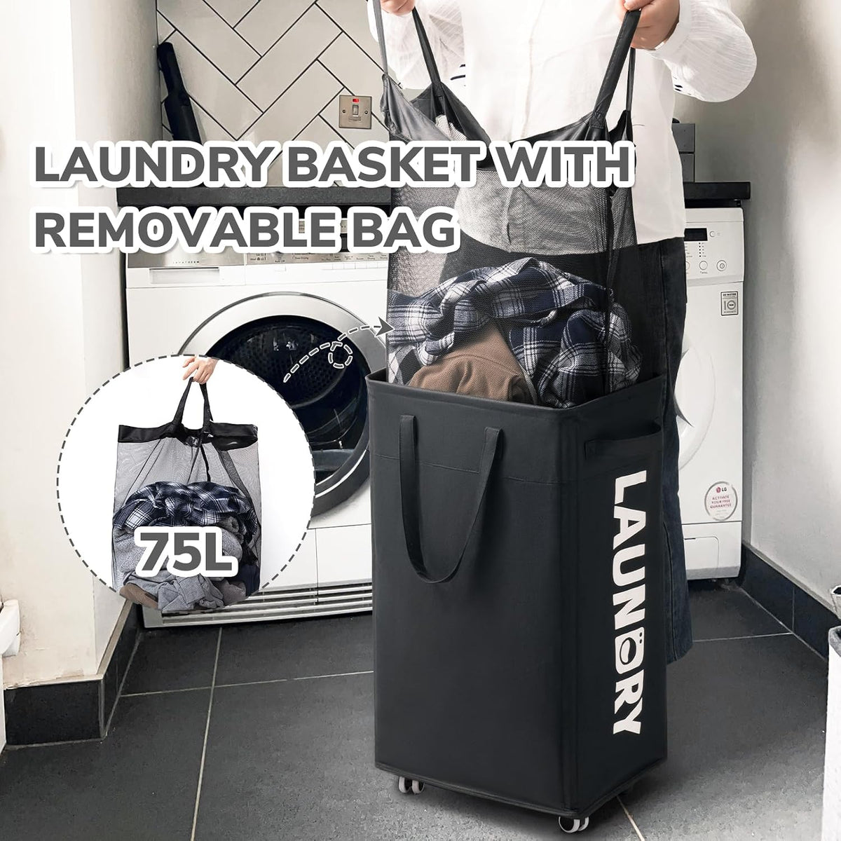 75L Laundry Hamper with Wheels 2-Pack, Wash Bags, Pink