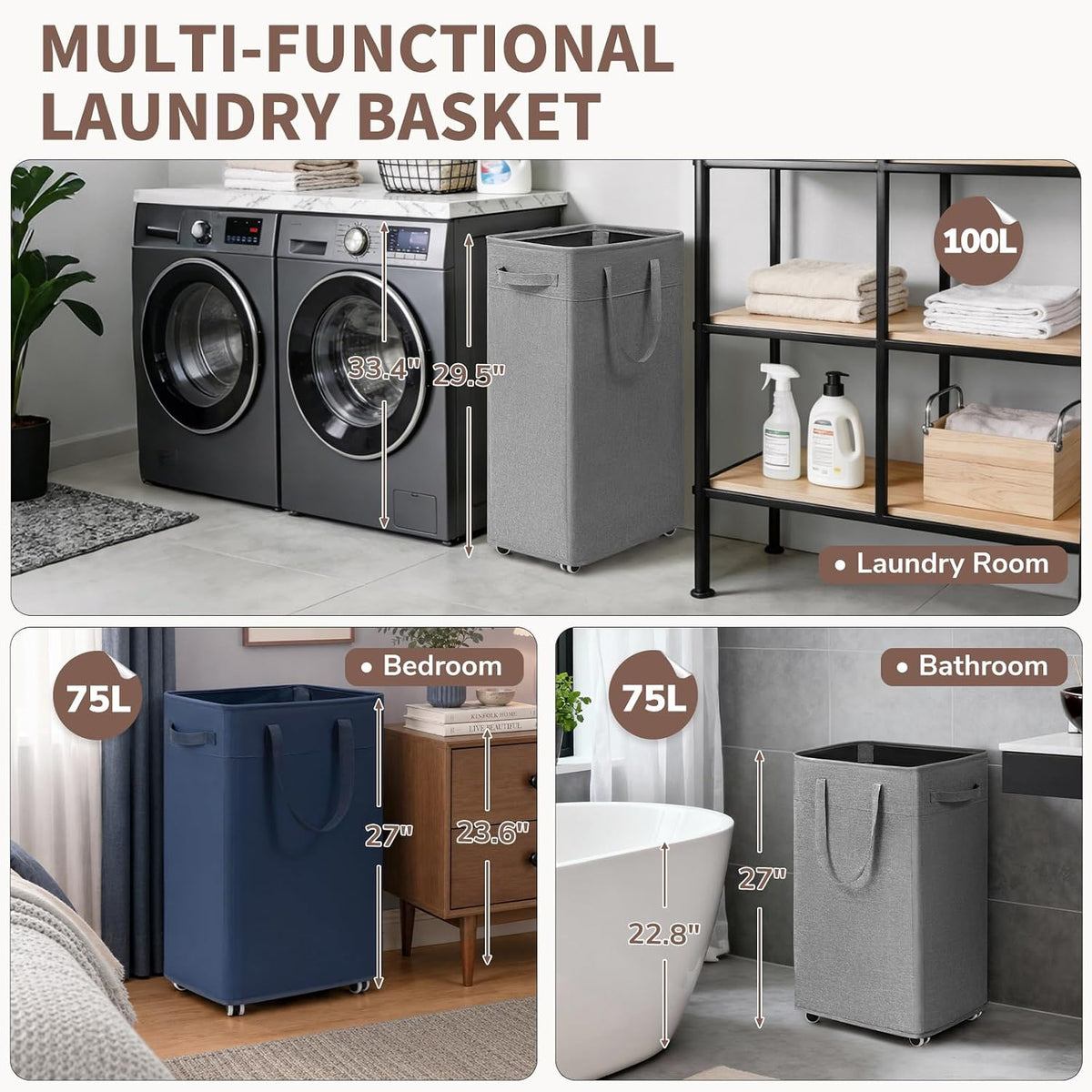 75L Laundry Hamper with Wheels 2-Pack, Wash Bags, Pink