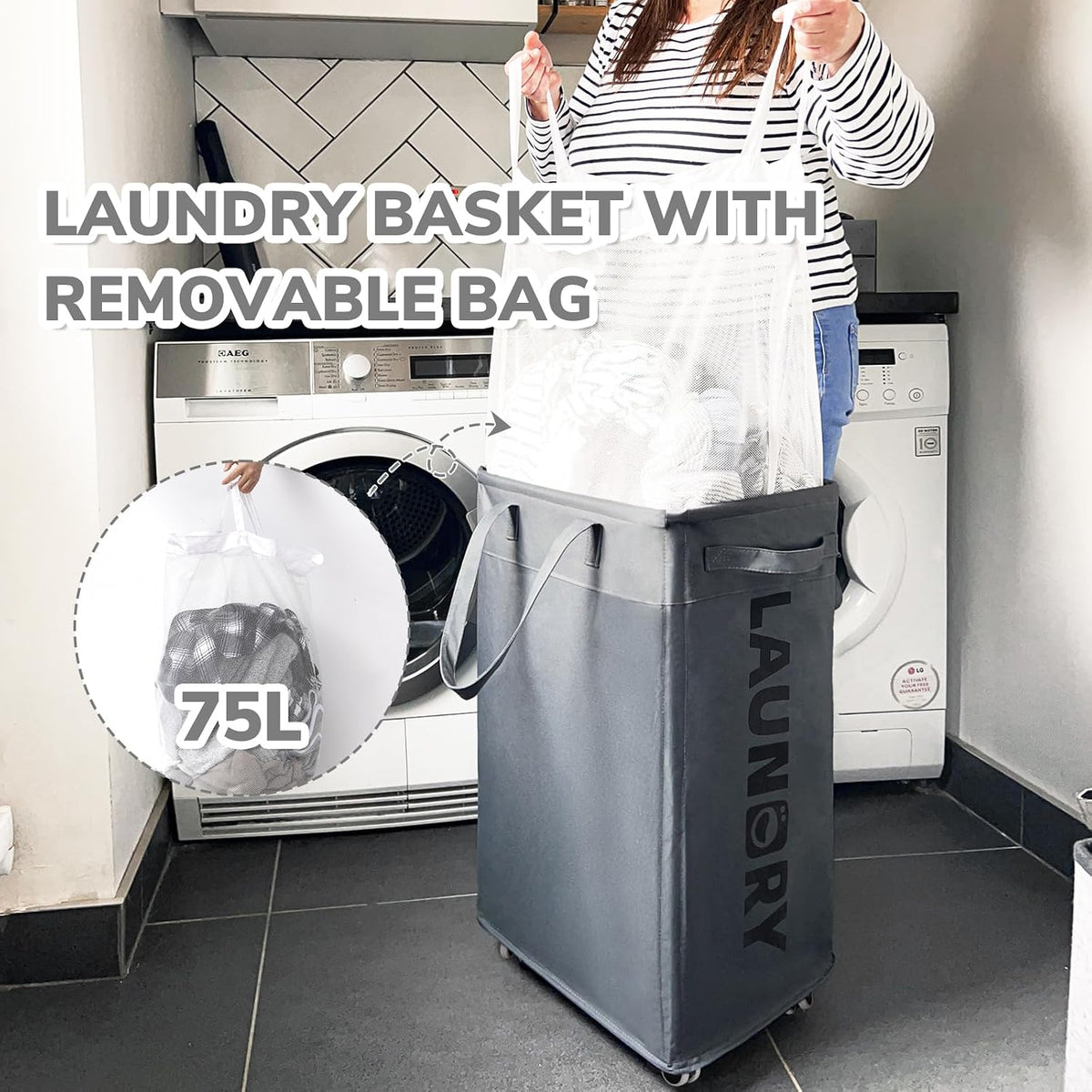 75L Laundry Hamper with Wheels 2-Pack, Wash Bags, Pink