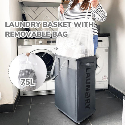 75L Laundry Hamper with Wheels 2-Pack, Wash Bags, Pink