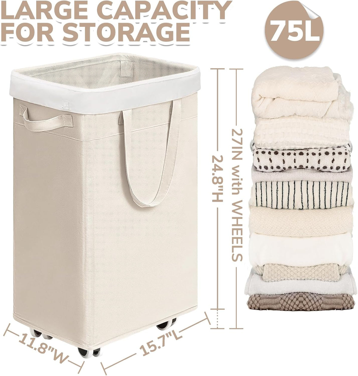 75L Laundry Hamper with Wheels 2-Pack, Wash Bags, Pink