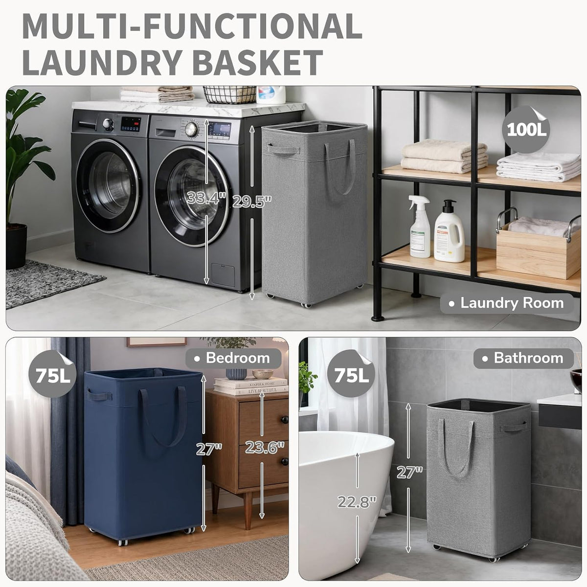 75L Laundry Hamper with Wheels 2-Pack, Wash Bags, Pink