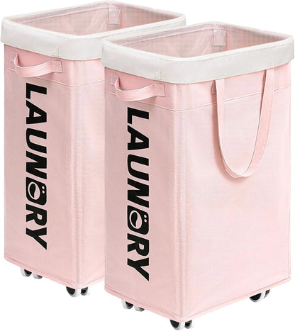 75L Laundry Hamper with Wheels 2-Pack, Wash Bags, Pink