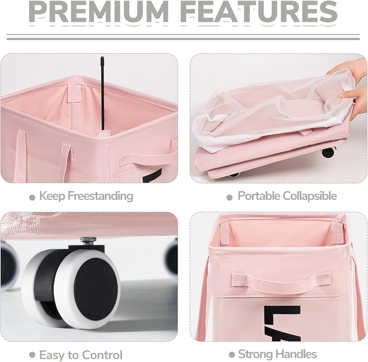 75L Laundry Hamper with Wheels 2-Pack, Wash Bags, Pink