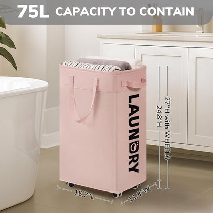75L Laundry Hamper with Wheels 2-Pack, Wash Bags, Pink