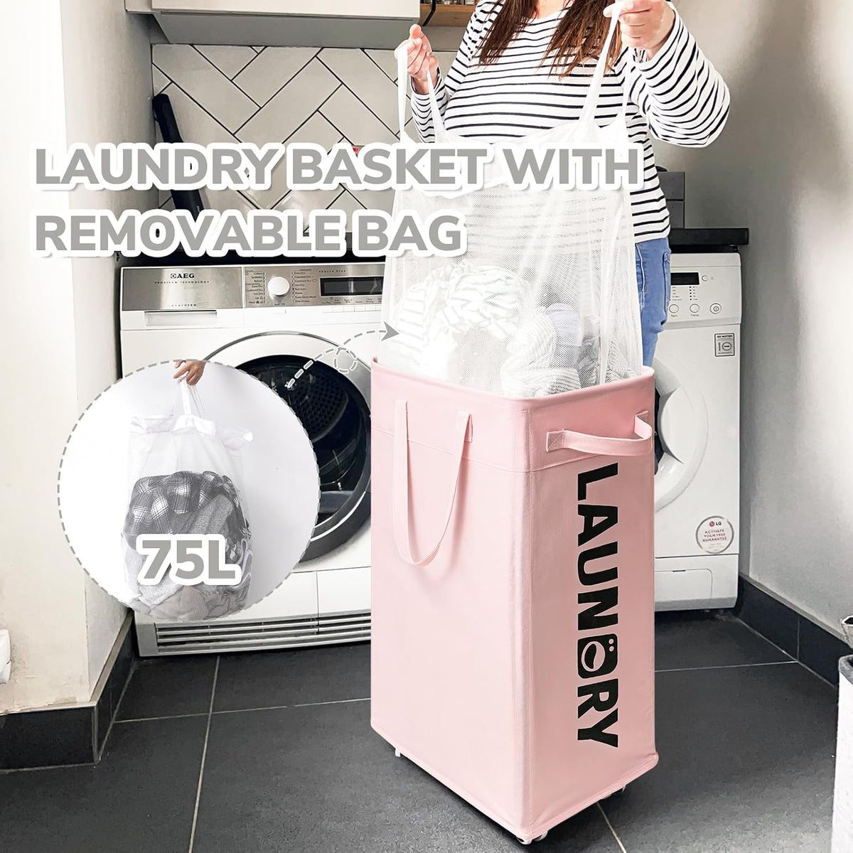 75L Laundry Hamper with Wheels 2-Pack, Wash Bags, Pink