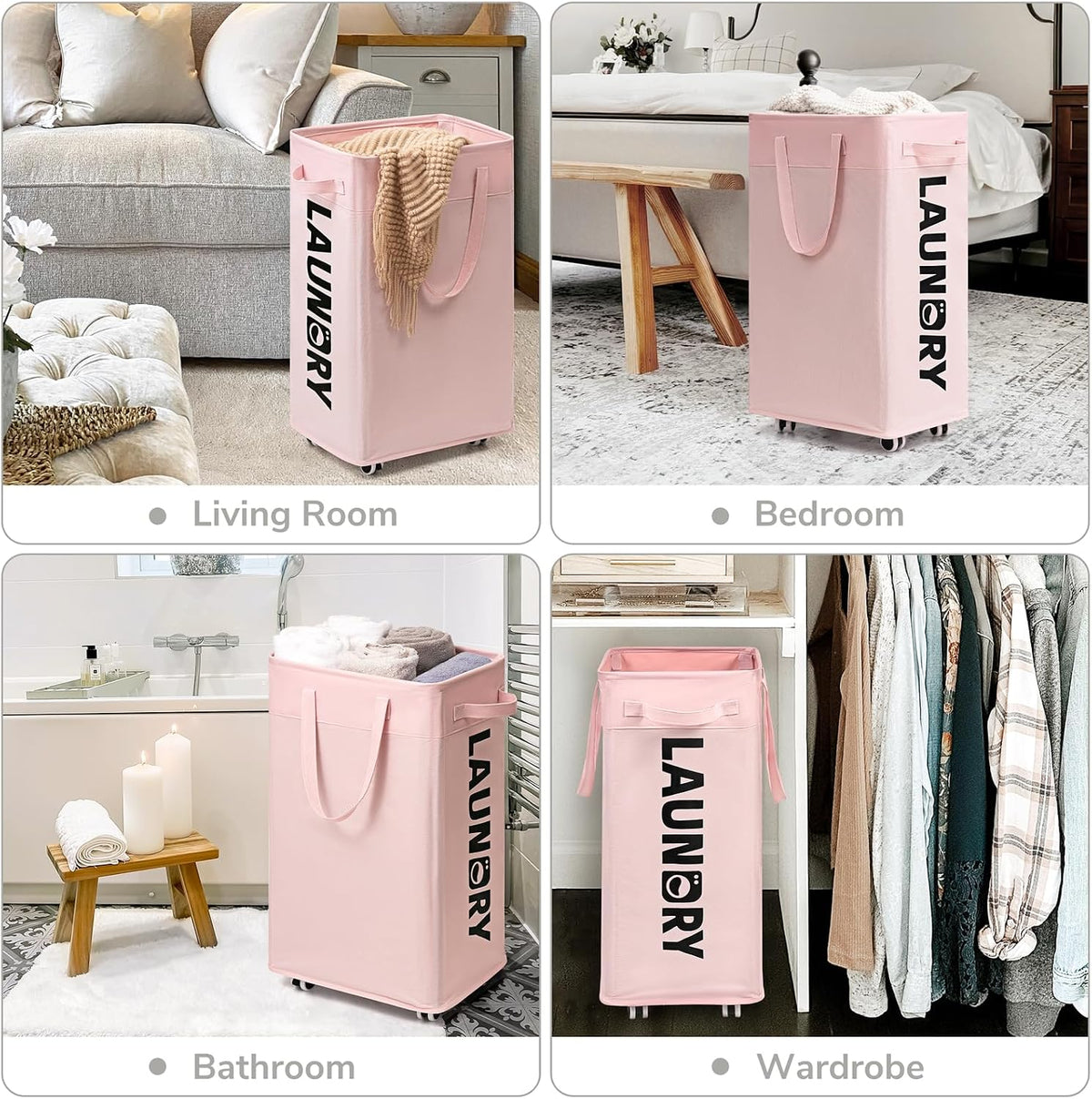 75L Laundry Hamper with Wheels 2-Pack, Wash Bags, Pink