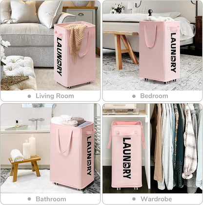 75L Laundry Hamper with Wheels 2-Pack, Wash Bags, Pink