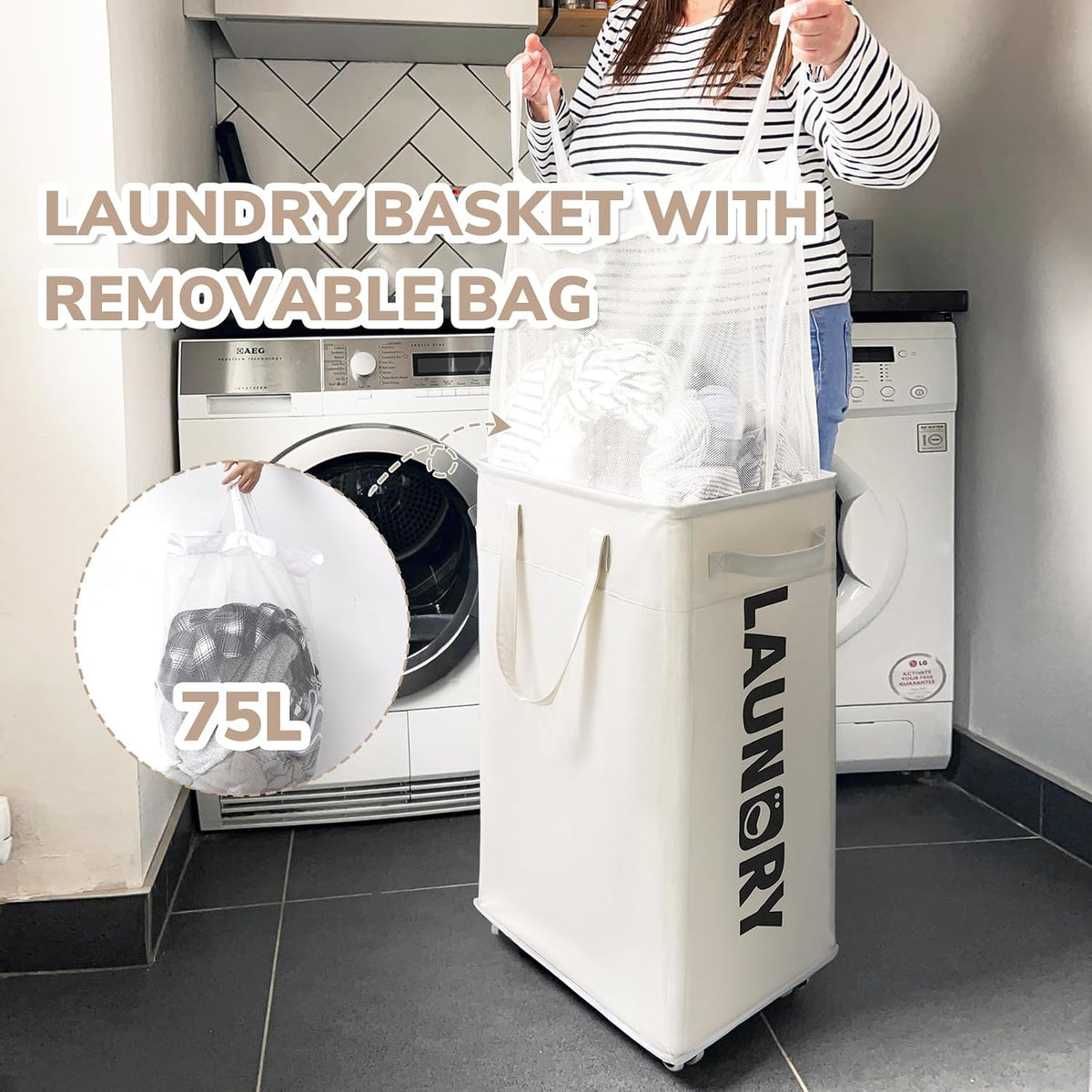 75L Laundry Hamper with Wheels 2-Pack, Wash Bags, Pink