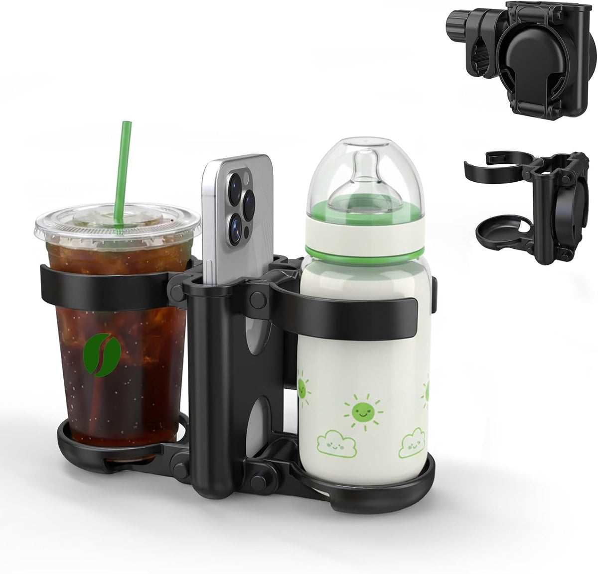 Stroller Cup Holder, 3-in-1 Bottle Holder with Phone Holders for Stroller Wheelchair Scooter Walker Bike, Foldable Universal Drink Holder for Uppababy Bugaboo Nuna Doona