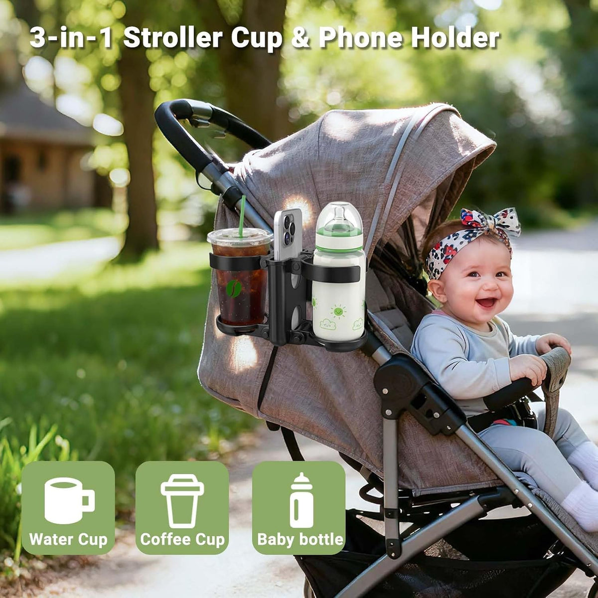 Stroller Cup Holder, 3-in-1 Bottle Holder with Phone Holders for Stroller Wheelchair Scooter Walker Bike, Foldable Universal Drink Holder for Uppababy Bugaboo Nuna Doona