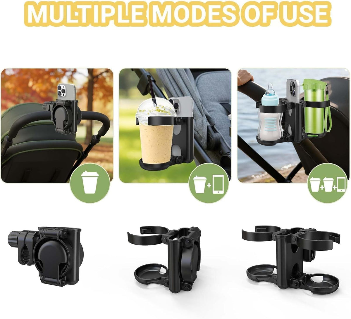 Stroller Cup Holder, 3-in-1 Bottle Holder with Phone Holders for Stroller Wheelchair Scooter Walker Bike, Foldable Universal Drink Holder for Uppababy Bugaboo Nuna Doona