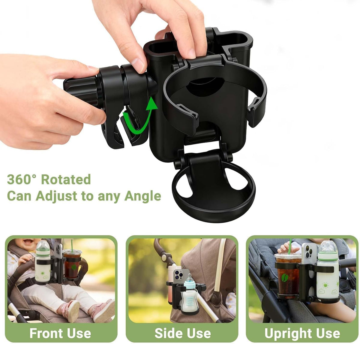 Stroller Cup Holder, 3-in-1 Bottle Holder with Phone Holders for Stroller Wheelchair Scooter Walker Bike, Foldable Universal Drink Holder for Uppababy Bugaboo Nuna Doona
