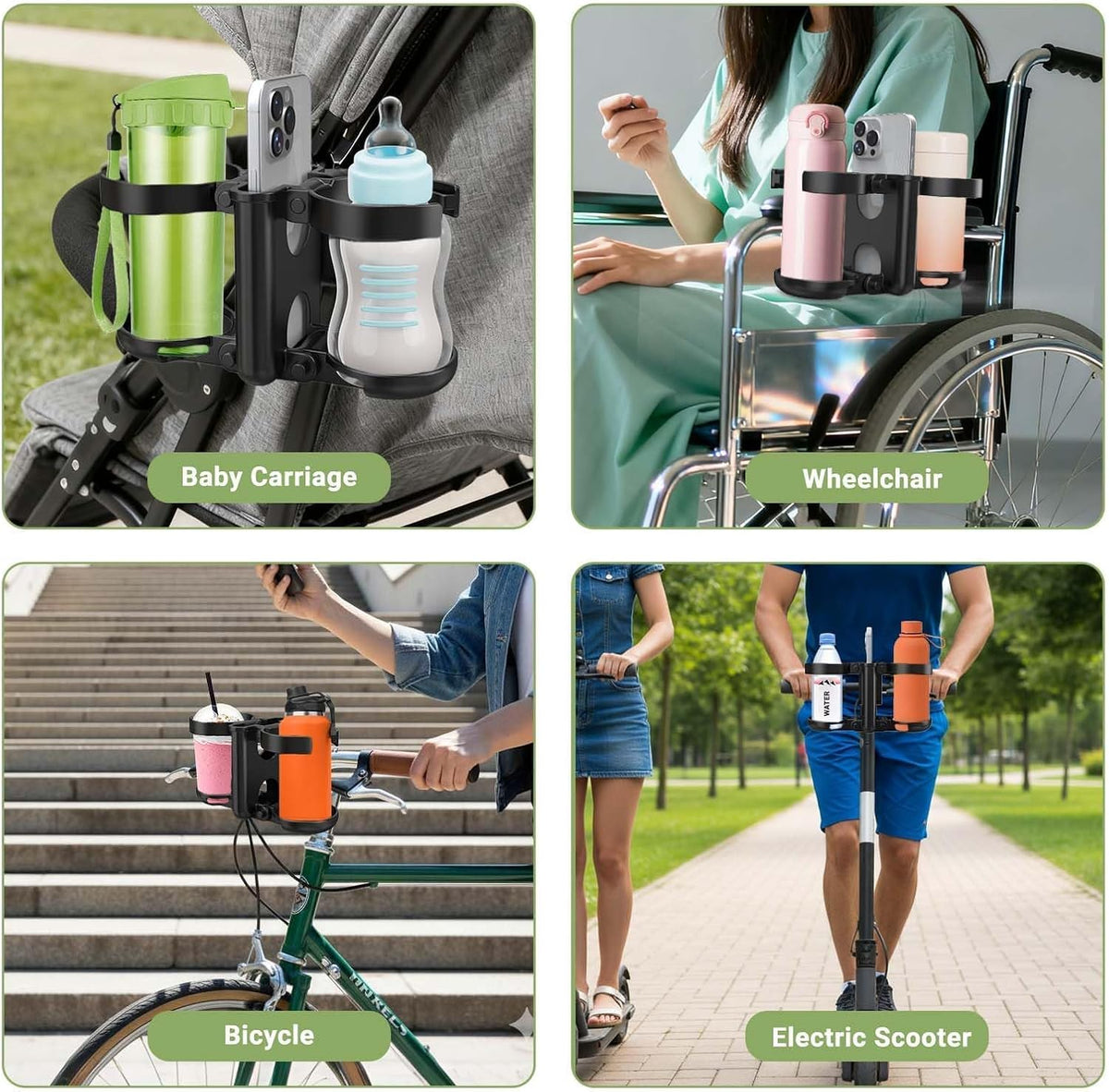 Stroller Cup Holder, 3-in-1 Bottle Holder with Phone Holders for Stroller Wheelchair Scooter Walker Bike, Foldable Universal Drink Holder for Uppababy Bugaboo Nuna Doona