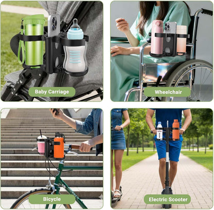 Stroller Cup Holder, 3-in-1 Bottle Holder with Phone Holders for Stroller Wheelchair Scooter Walker Bike, Foldable Universal Drink Holder for Uppababy Bugaboo Nuna Doona