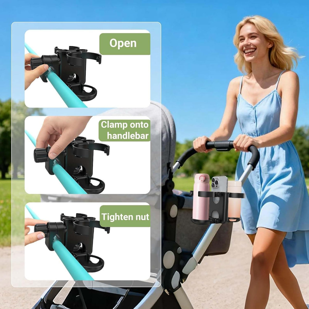 Stroller Cup Holder, 3-in-1 Bottle Holder with Phone Holders for Stroller Wheelchair Scooter Walker Bike, Foldable Universal Drink Holder for Uppababy Bugaboo Nuna Doona