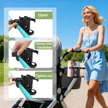 Stroller Cup Holder, 3-in-1 Bottle Holder with Phone Holders for Stroller Wheelchair Scooter Walker Bike, Foldable Universal Drink Holder for Uppababy Bugaboo Nuna Doona