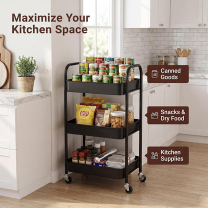 3-Tier Metal Rolling Storage Cart with Lockable Wheels,Black