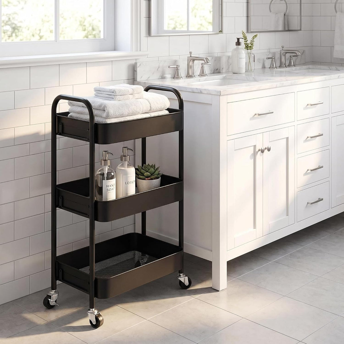 3-Tier Metal Rolling Storage Cart with Lockable Wheels,Black