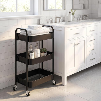3-Tier Metal Rolling Storage Cart with Lockable Wheels,Black
