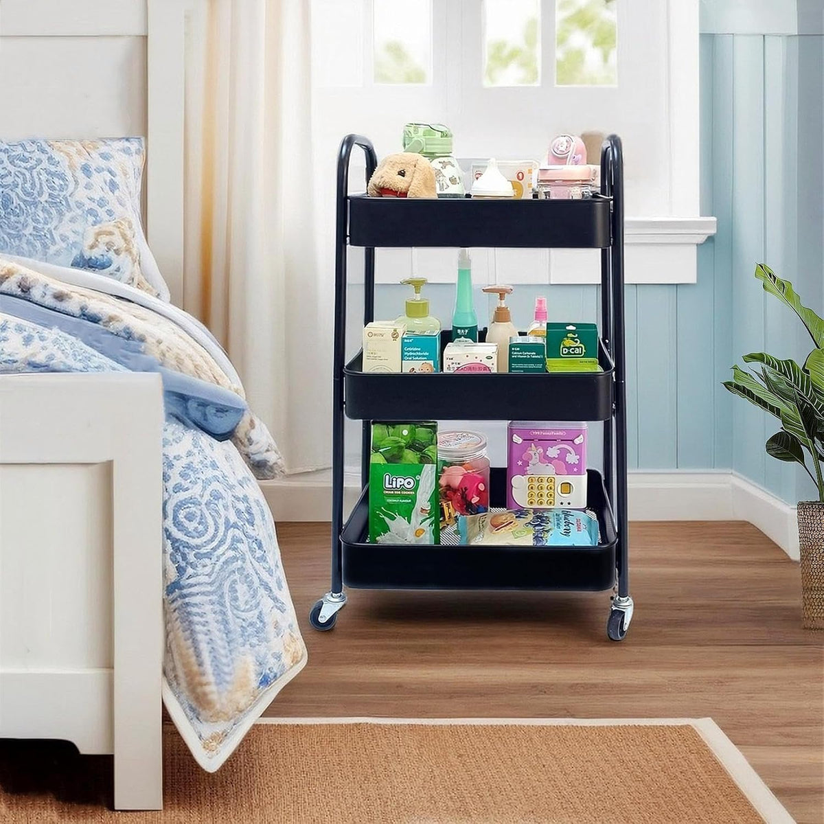 3-Tier Metal Rolling Storage Cart with Lockable Wheels,Black