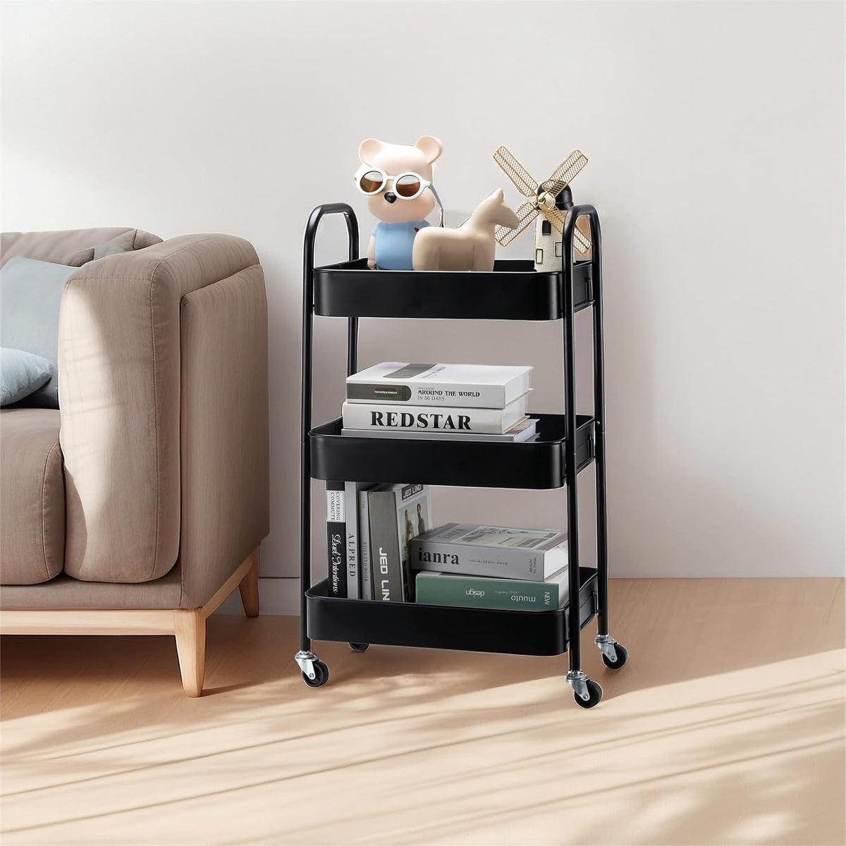 3-Tier Metal Rolling Storage Cart with Lockable Wheels,Black