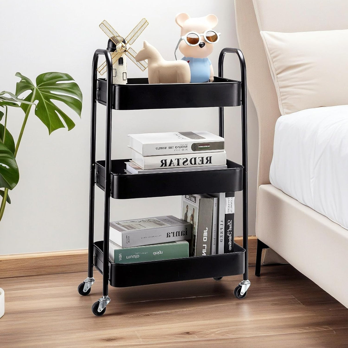3-Tier Metal Rolling Storage Cart with Lockable Wheels,Black