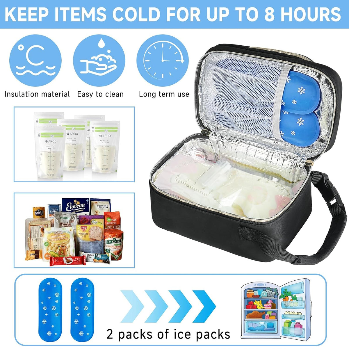 Breastmilk Cooler Travel bag with Ice Pack,Portable Breastmilk Cooler Bag with Buckle Handle,Insulated Breastmilk Storage Bag Cooler,Black