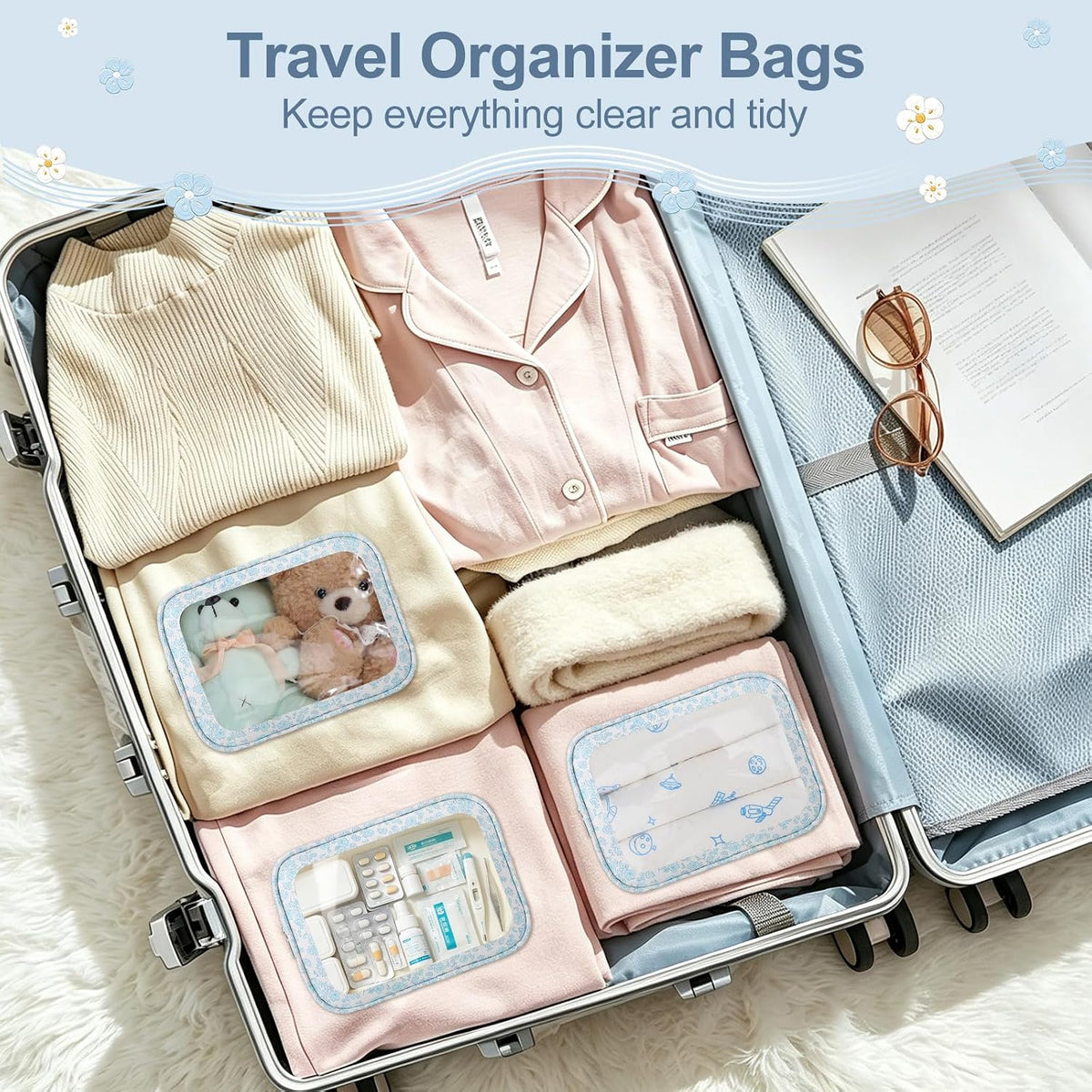 Diaper Bag Organizer Pouch Set, TSA Approved Toiletry Bag, Clear Waterproof Makeup Bag Set, Purse Organizer Pouches,Travel Organizer Bags for Women and Kids