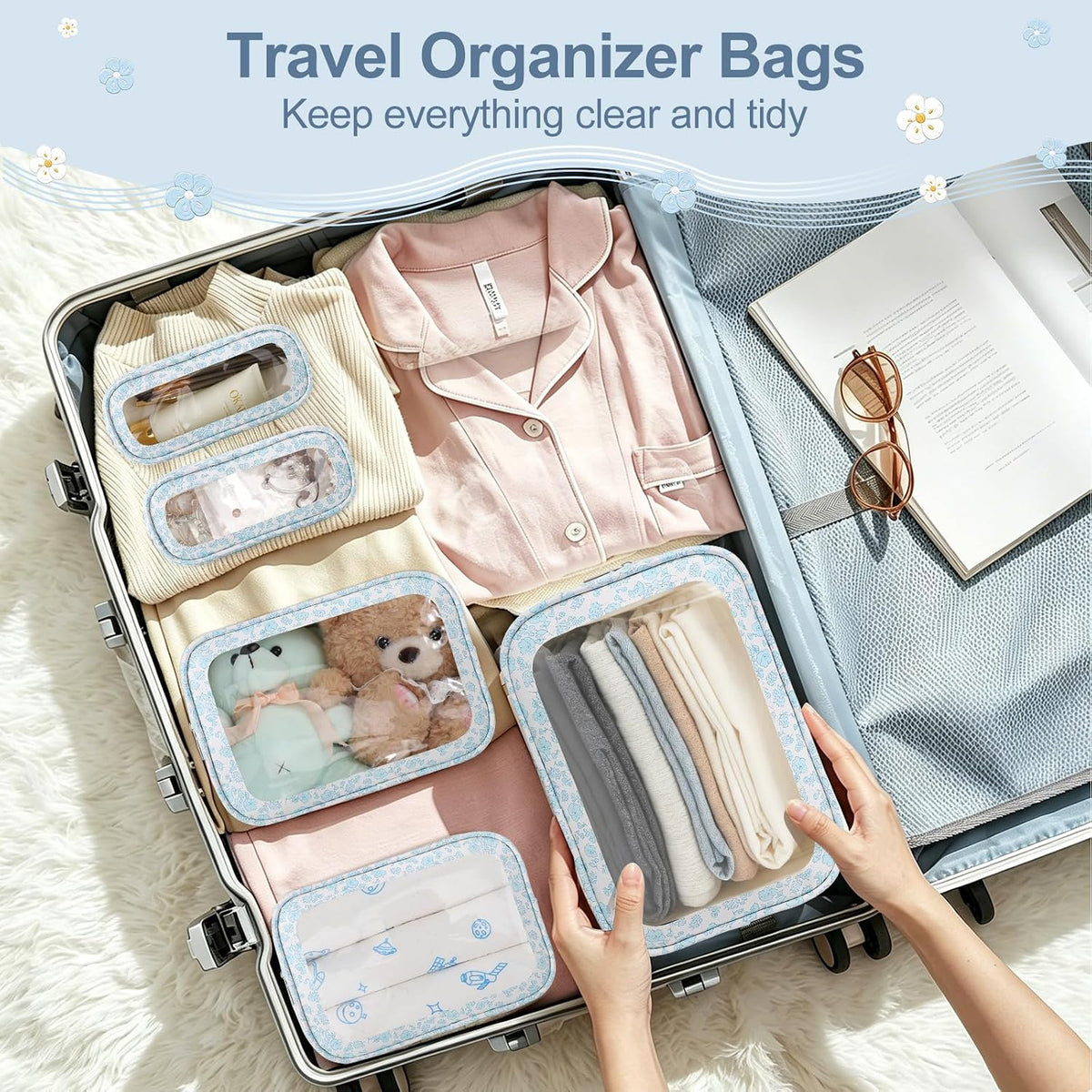Diaper Bag Organizer Pouch Set, TSA Approved Toiletry Bag, Clear Waterproof Makeup Bag Set, Purse Organizer Pouches,Travel Organizer Bags for Women and Kids