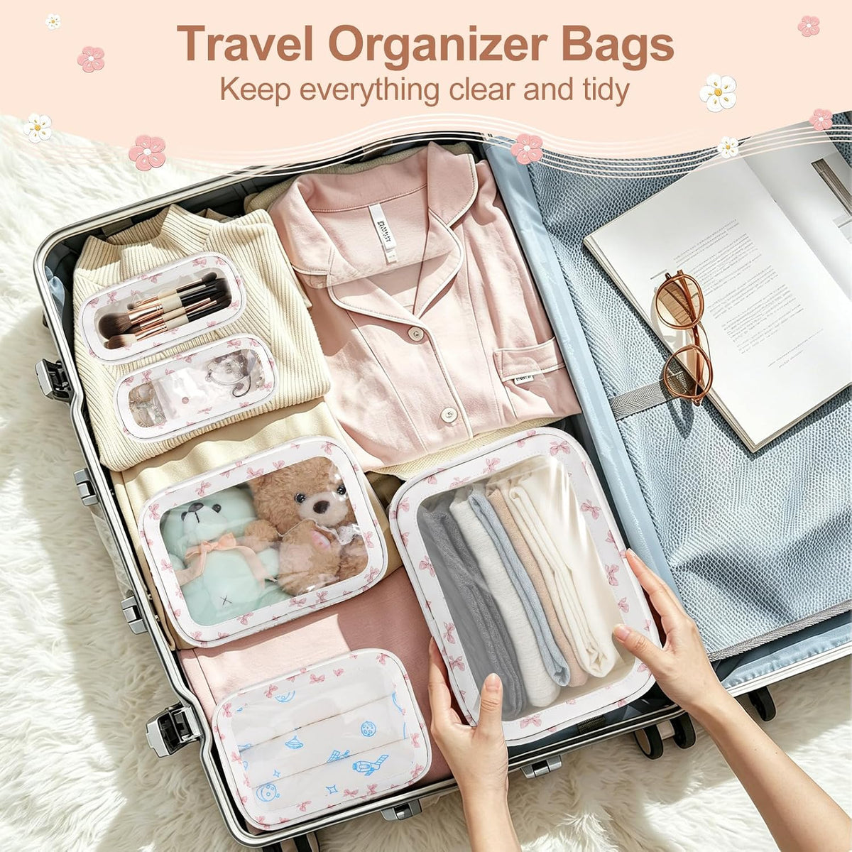 Diaper Bag Organizer Pouch Set, TSA Approved Toiletry Bag, Clear Waterproof Makeup Bag Set, Purse Organizer Pouches,Travel Organizer Bags for Women and Kids
